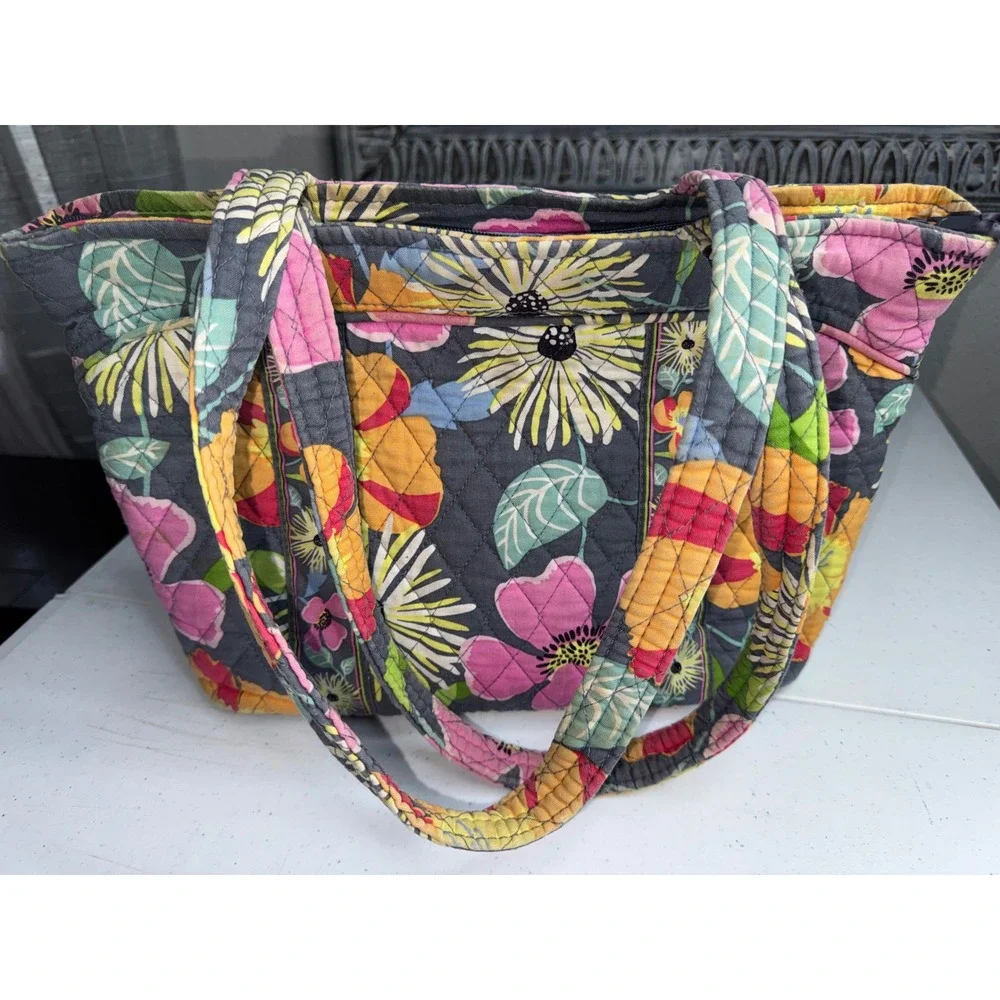 Vera Bradley Quilted Cotton Floral Tote Bag Grey Pink Yellow Shoulder Bag